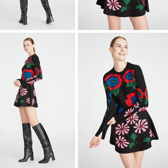 AMUR Dresses & Skirts - AMUR Nataly Floral Jacquard Merino Wool Sweater Mini Dress Black Multicolor Sm